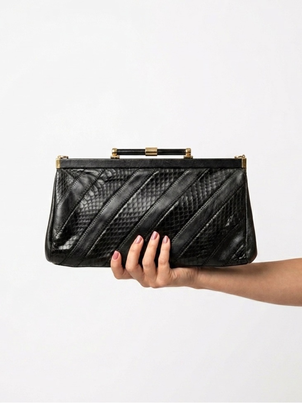 Vintage 1970s Jane Shilton black leather clutch bag with gold chain strap